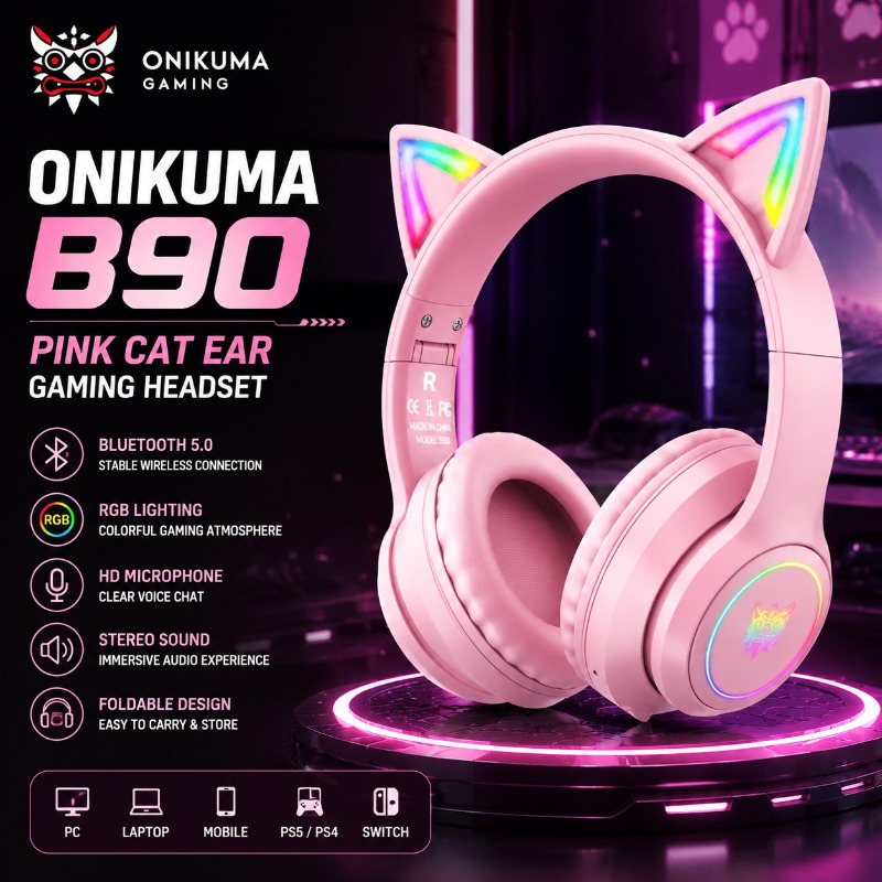 Gaming Headset With Mic Rgb - หูฟังเกมมิ่ง Onikuma B90 สีชมพู พร้อมหูแมว RGB