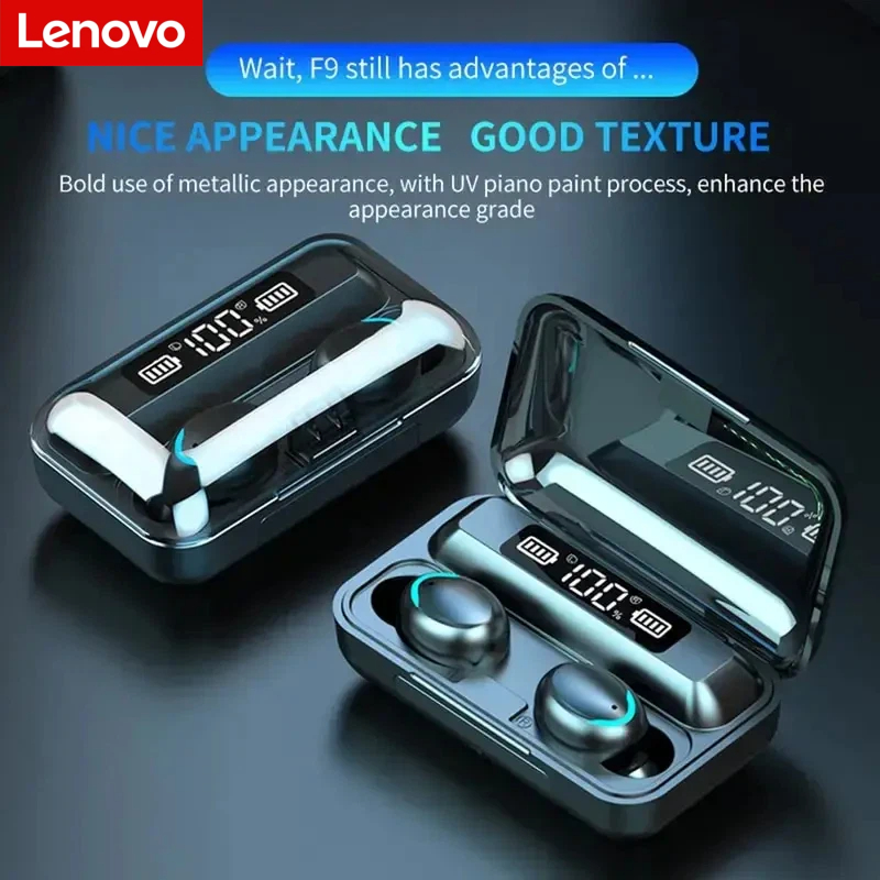 Headphones - หูฟังไร้สายบลูทูธ Lenovo F9 - กล่องชาร์จความจุสูงและหน้าจอดิจิตอล, หูฟังสำหรับเล่นเกมแบตเตอรี่ใช้งานได้ยาวนาน