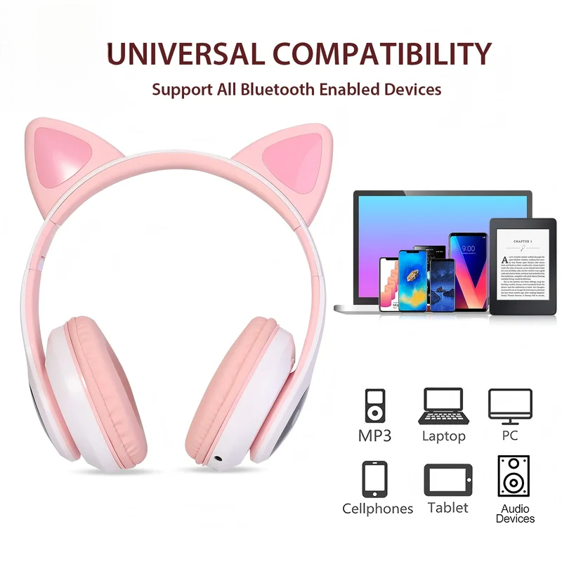 Cat Ear Bluetooth Headset Led - หูฟังบลูทูธไร้สาย T28, หูฟังแบบครอบหูพร้อมไฟ LED รูปหูแมว, หูฟังเกมมิ่งน่ารักสำหรับเด็กและวัยรุ่น